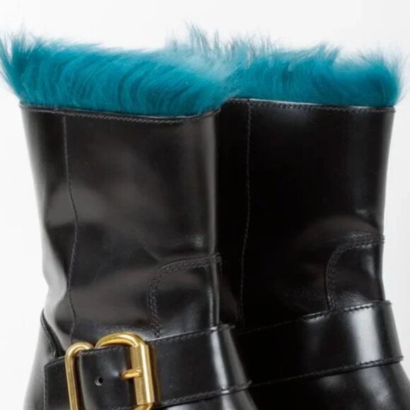 Prada Blue Fur Black Leather Moto Boots - Picture 7 of 10